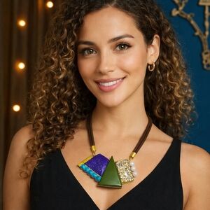 Geometric Vintage Boho Chic Resin Statement Necklace Bold Shapes & Pearls